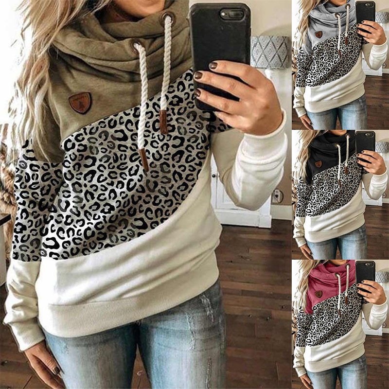 Printed three-color stitching hooded long-sleeved sweater
