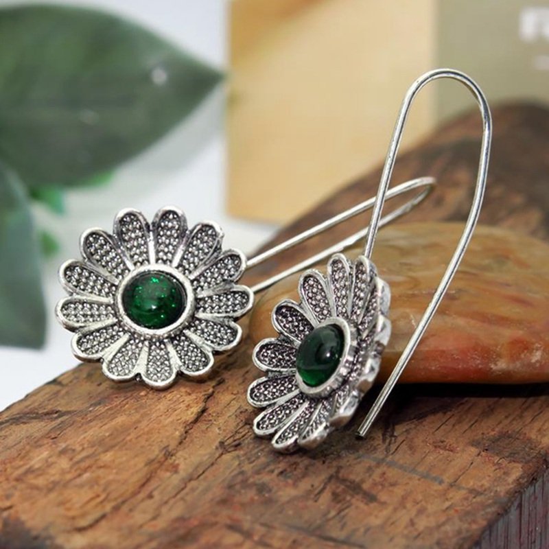 Ancient Silver Lotus Emerald Earrings - Image 2