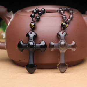Natural Obsidian Jesus Cross Pendant Ukrainian Ice Seed Christ Jesus Couple Necklace Jewelry