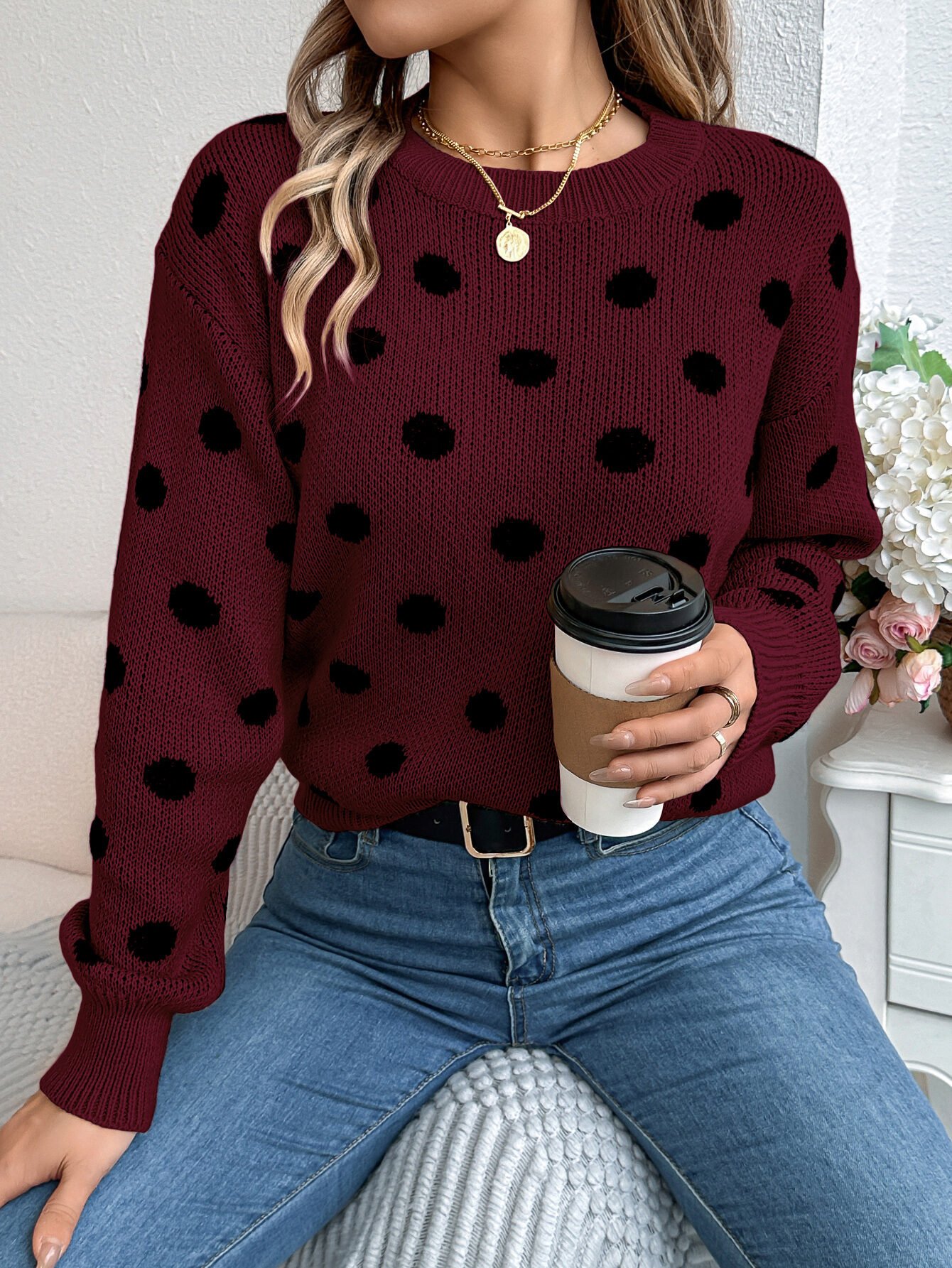 Casual Color Block Polka Dot Long Sleeve Pullover Sweater - Image 4
