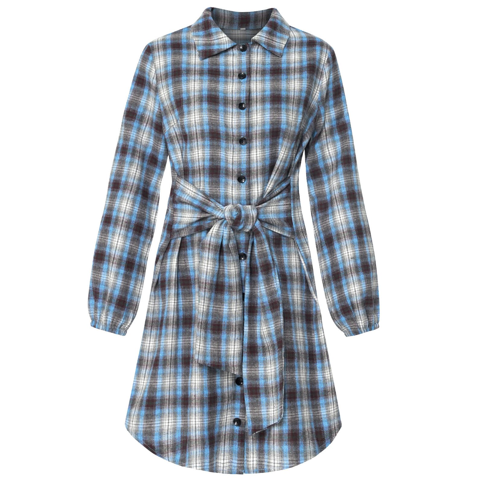 Women's Tie-Up Waist Shirt Plaid Dress - Image 6