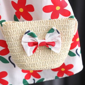 Summer New Style Full Of Small Flowers Cotton Dress Girls Korean Style Dress Get Bow Bamboo Basket Bag