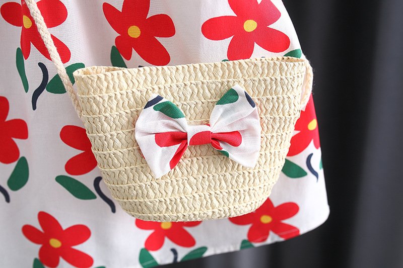 Summer New Style Full Of Small Flowers Cotton Dress Girls Korean Style Dress Get Bow Bamboo Basket Bag