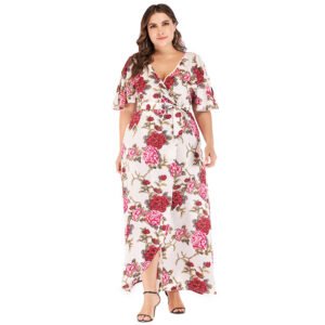 Printed long skirt v-neck short-sleeved bohemian beach skirt split with lace wrap dress