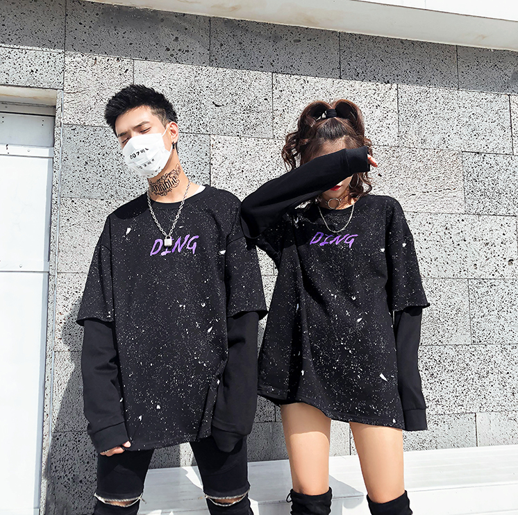 Autumn country tide high street dark black loose oversize round neck sweater men and women hip hop printed fake two-piece sweater - Image 3