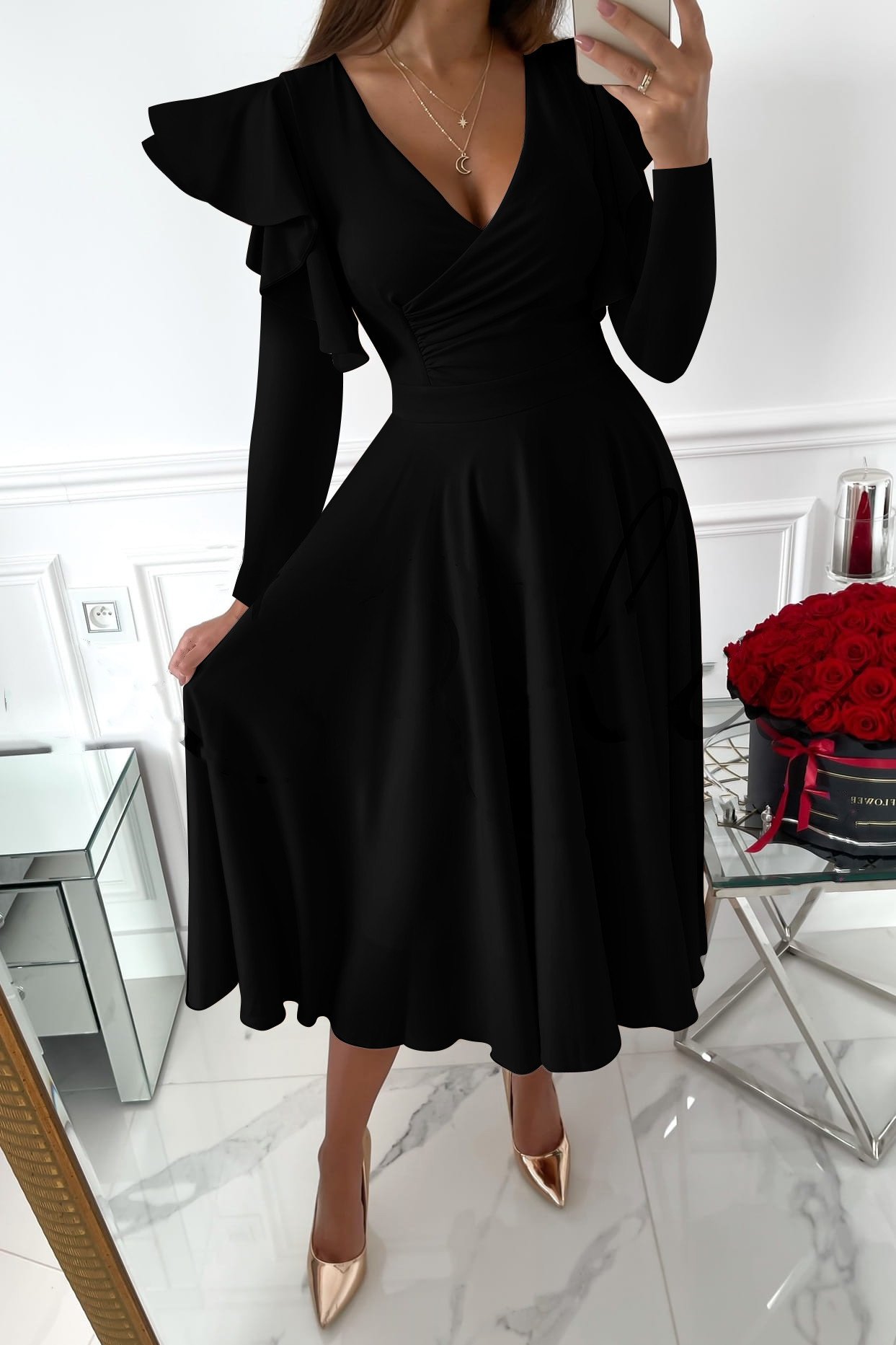 Autumn And Winter Long Sleeved V Neck Ruffled Waist Dress Women's - Image 4