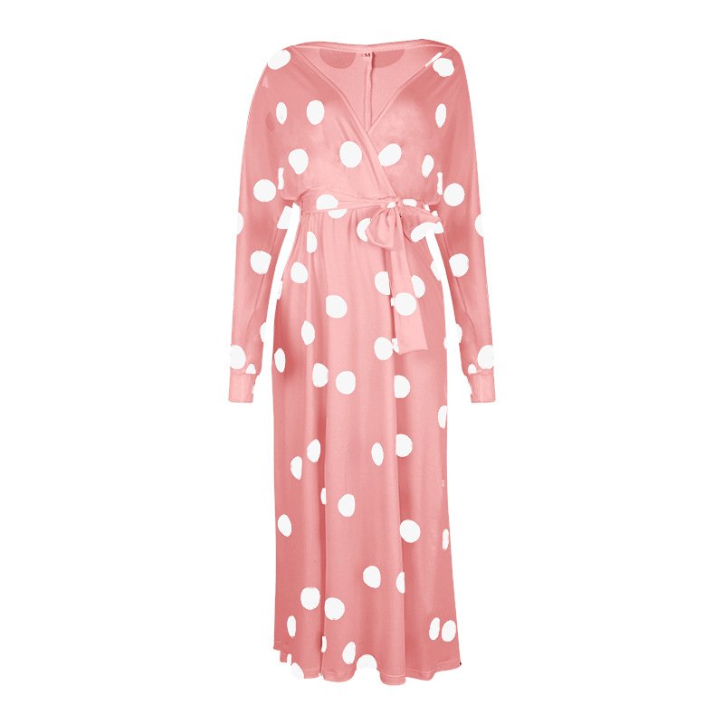 Polka Dot Print Long Sleeve V Neck Off Shoulder Dress - Image 6