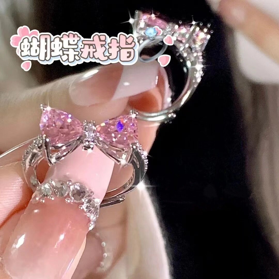 Princess's Castle Pink Bow Female Diamond Zircon French Girl Micro-inlaid Ring - Image 10