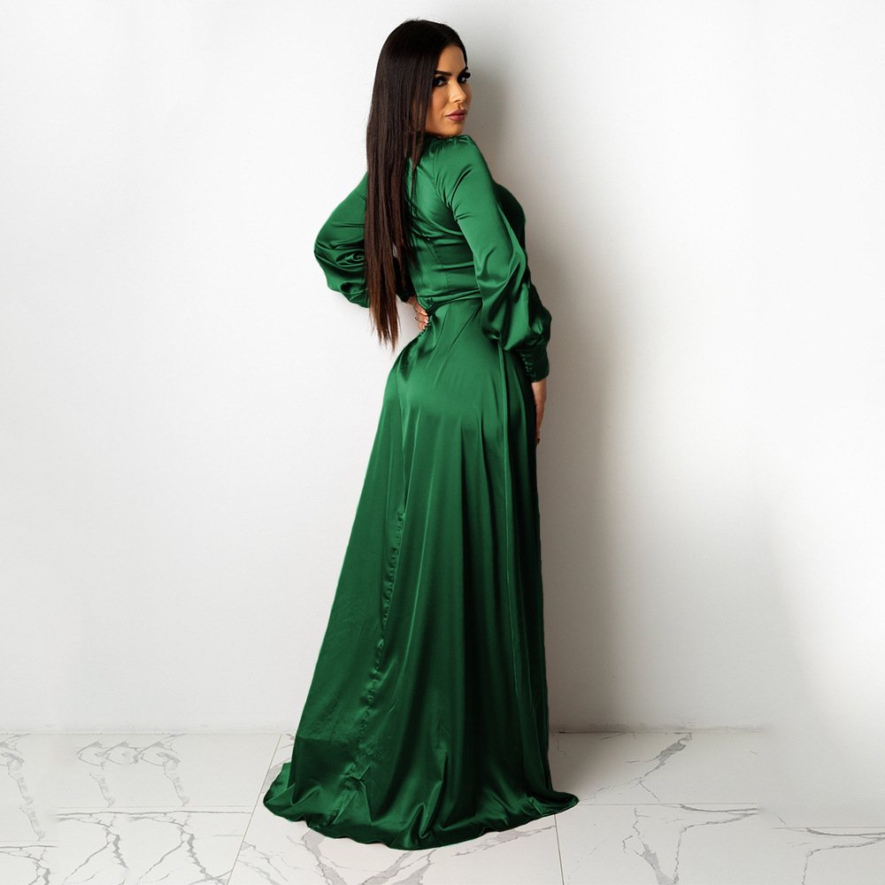 Fashionable V-Neck Silk Face Solid Color Lace Irregular Long Dress - Image 10