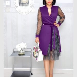 V-neck stitching polka-dot slit dress
