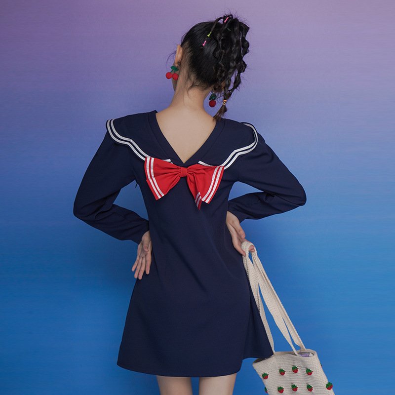 Women's Navy Style Lapel Dress Was Thin Young Girl - Image 3