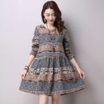 Ethnic style cotton and linen large size women's head geometric print long sleeve skirt dress