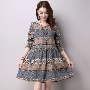 Ethnic style cotton and linen large size women's head geometric print long sleeve skirt dress