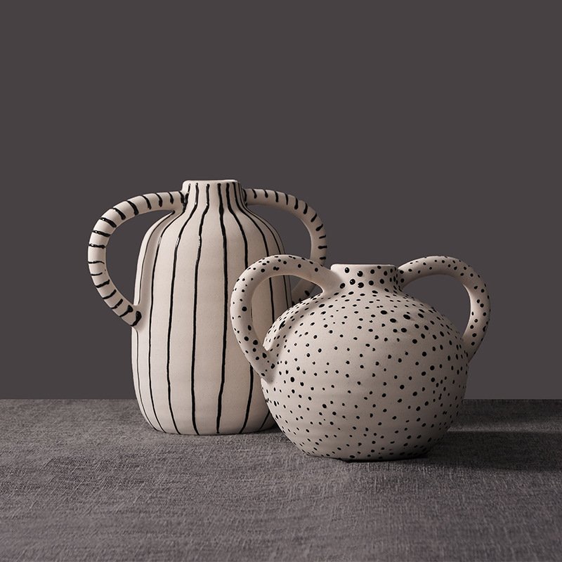 Modern Minimalist Hand-Painted Striped Ceramic Vase With Two Handles - Image 3