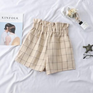 Wild flower bud high waist strap plaid shorts