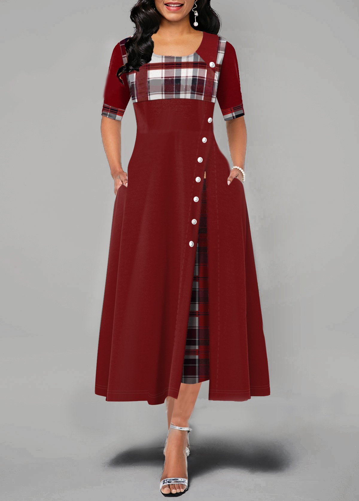 Women's Round Neck Contrast Mid Sleeve Irregular Long Dress - Image 4
