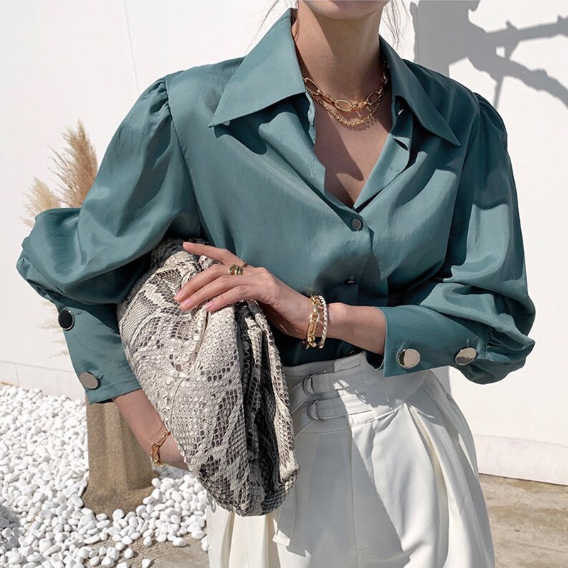 Single-breasted Design Loose Solid Color Lantern Sleeve Shirt Top - Image 2