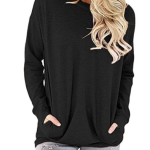 Women's new round neck bat long sleeve pocket decorative T-shirt