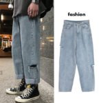 Loose Korean Version Of Nine Split Straight Tube Ripped Jeans