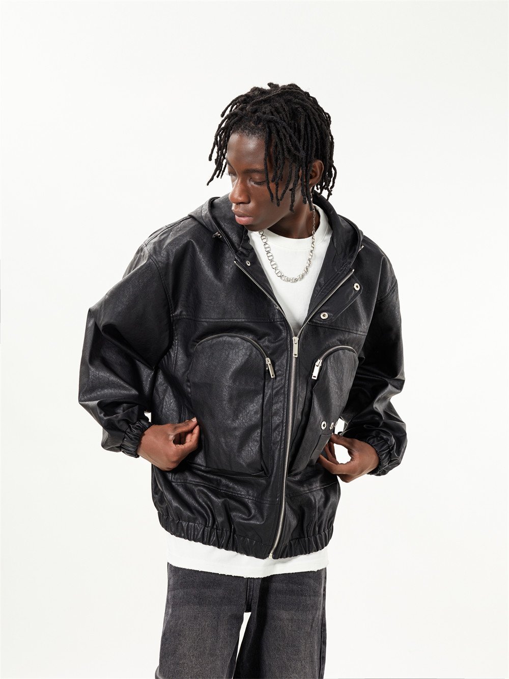 Dark Motorcycle Style Hooded Leather Jacket Men - Image 7
