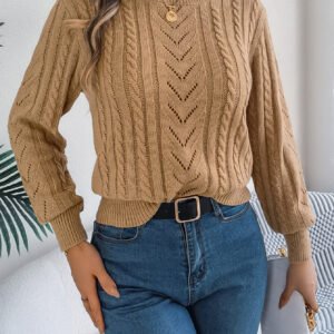 Women Casual Solid Color Hollow Out Lantern Sleeve Pullover Sweater