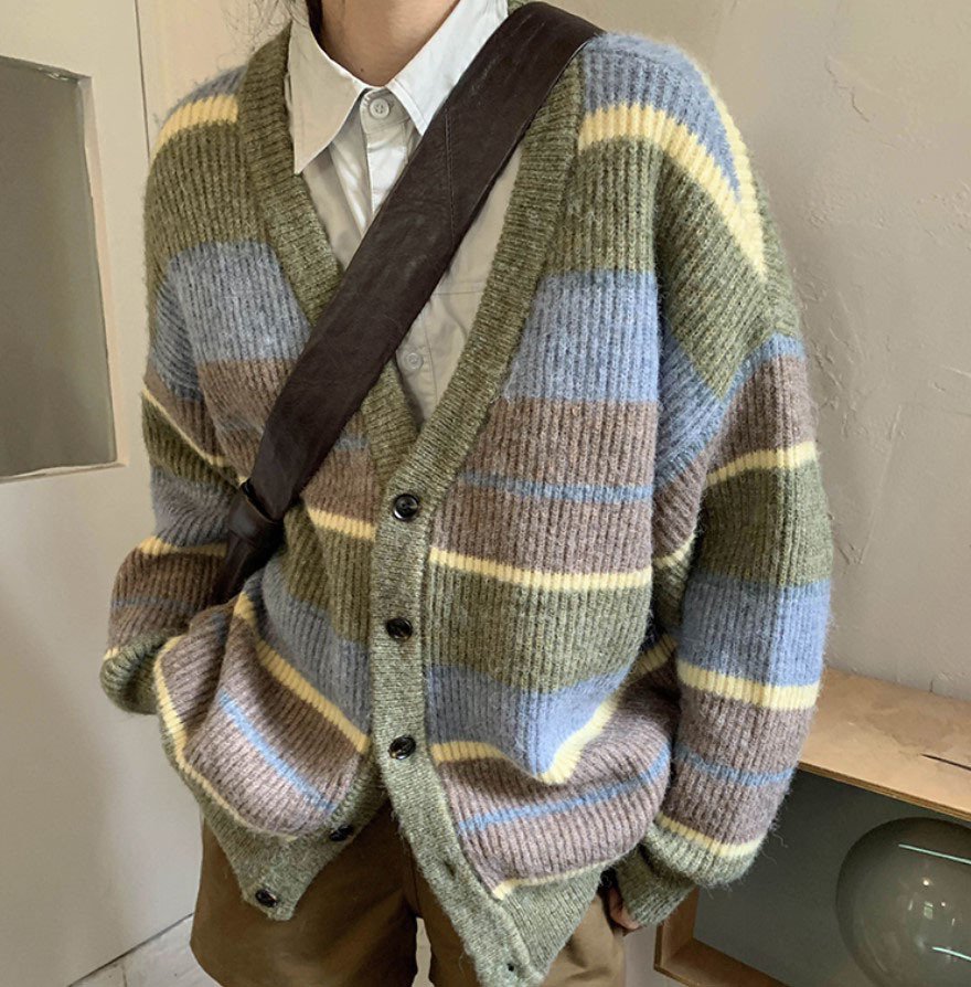 V-neck Japanese Lazy Style Retro Striped Sweater Coat Women - Image 13