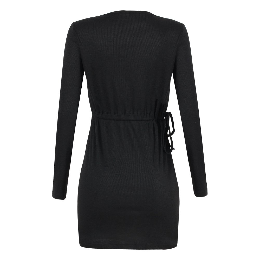 Fashion Solid Color Long-Sleeved Lace-Up Dress - Image 8