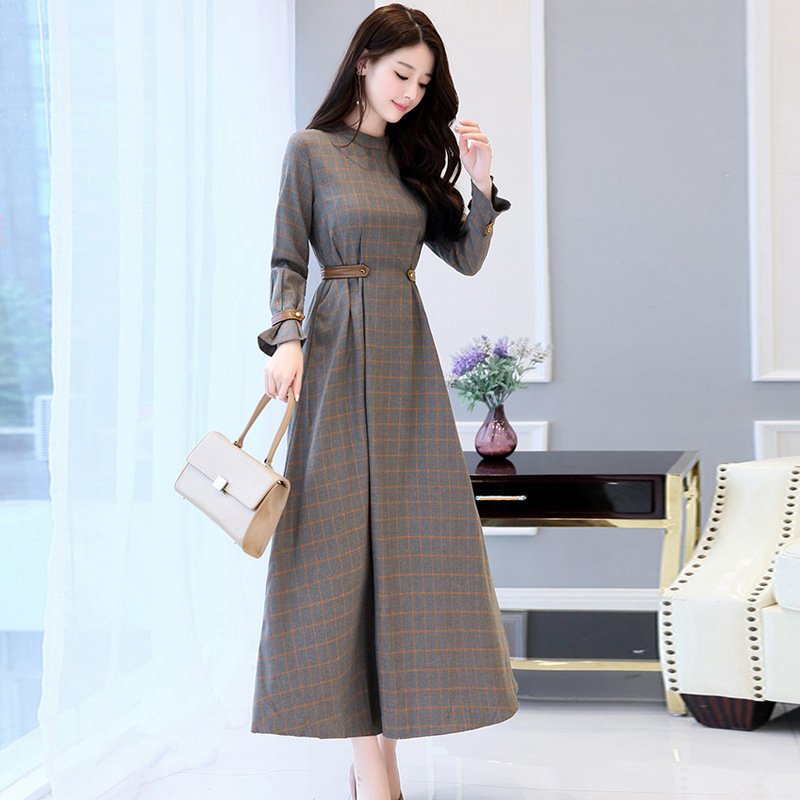 Retro Long Sleeve Plaid Dress - Image 3