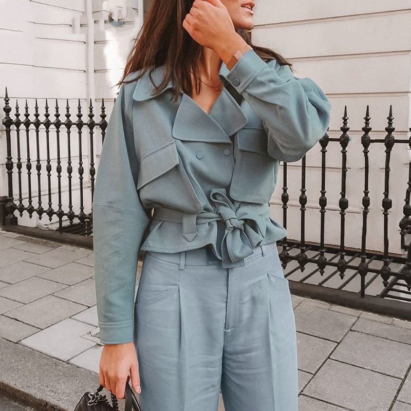 Women's lapel solid color pockets waist slimming jacket women casual jacket - Image 3