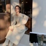 Temperament Milk Fairy's Pearl Square Collar Thin Knit Dress