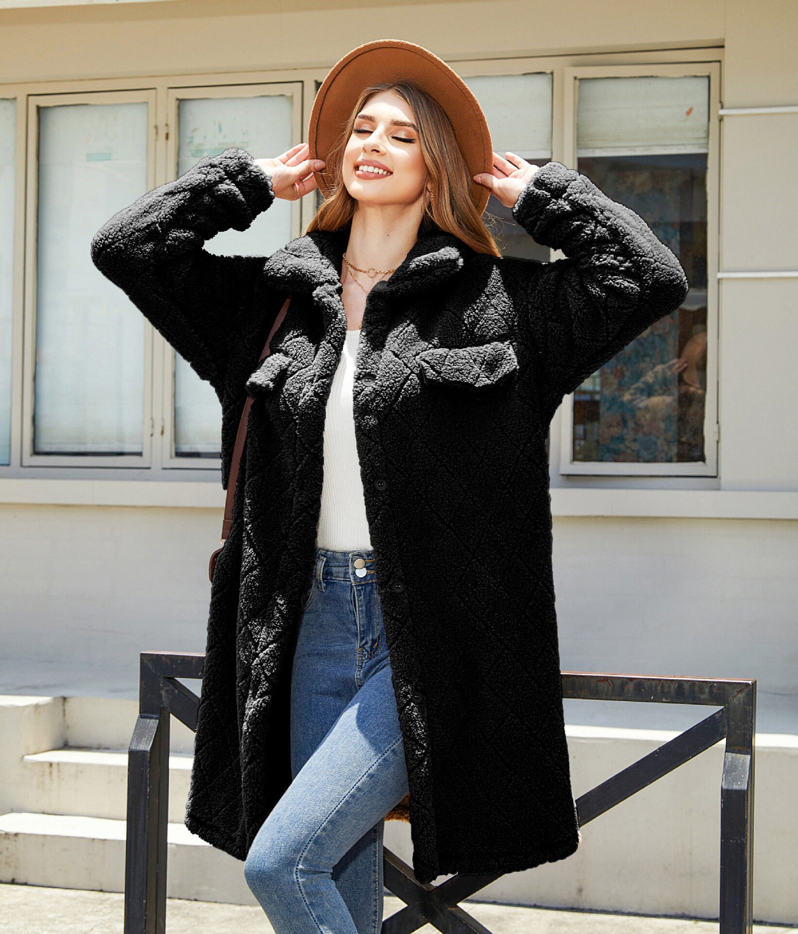 Women's Plush Loose Single-breasted Diamond Coat Overcoat - Image 7