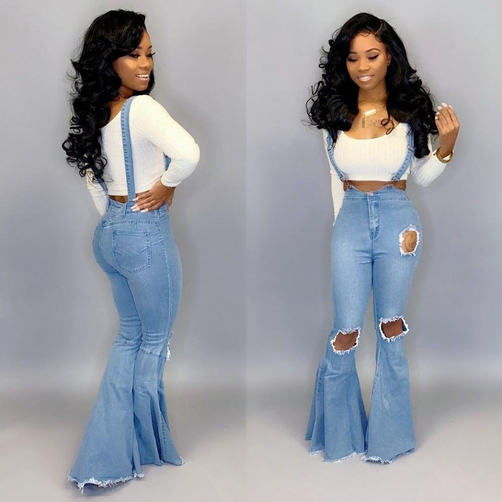 High waist denim flared pants with straps - Image 2