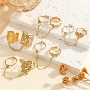 Retro Stainless Steel Ring Butterfly Flower Chain