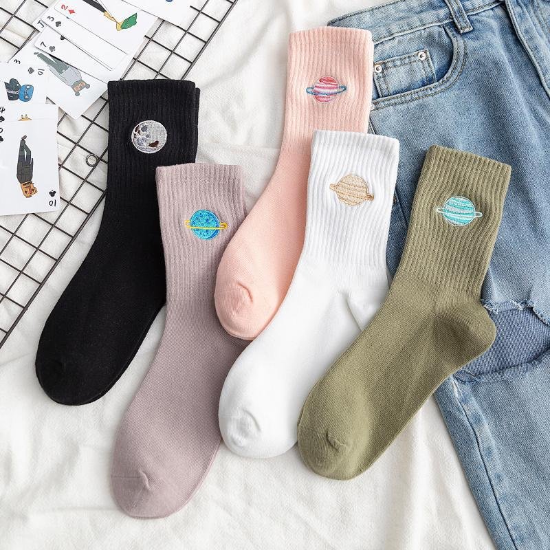Embroidered Planet Cotton Student Tide Socks