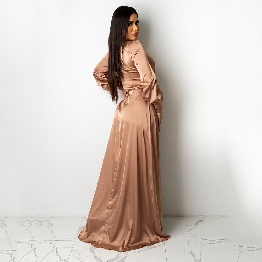 Fashionable V-Neck Silk Face Solid Color Lace Irregular Long Dress - Image 8