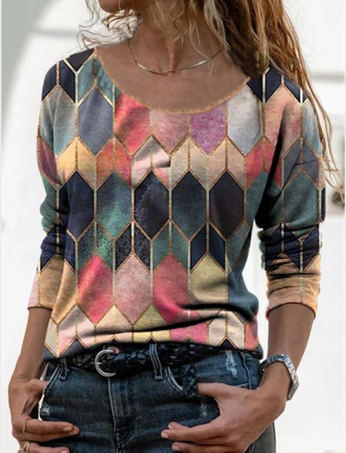 Long sleeve retro geometric print casual top T-shirt - Image 5
