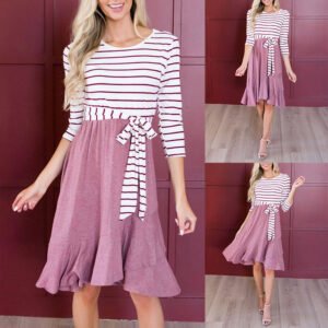 Striped Long-Sleeved Stitching Lace Casual Irregular Dress