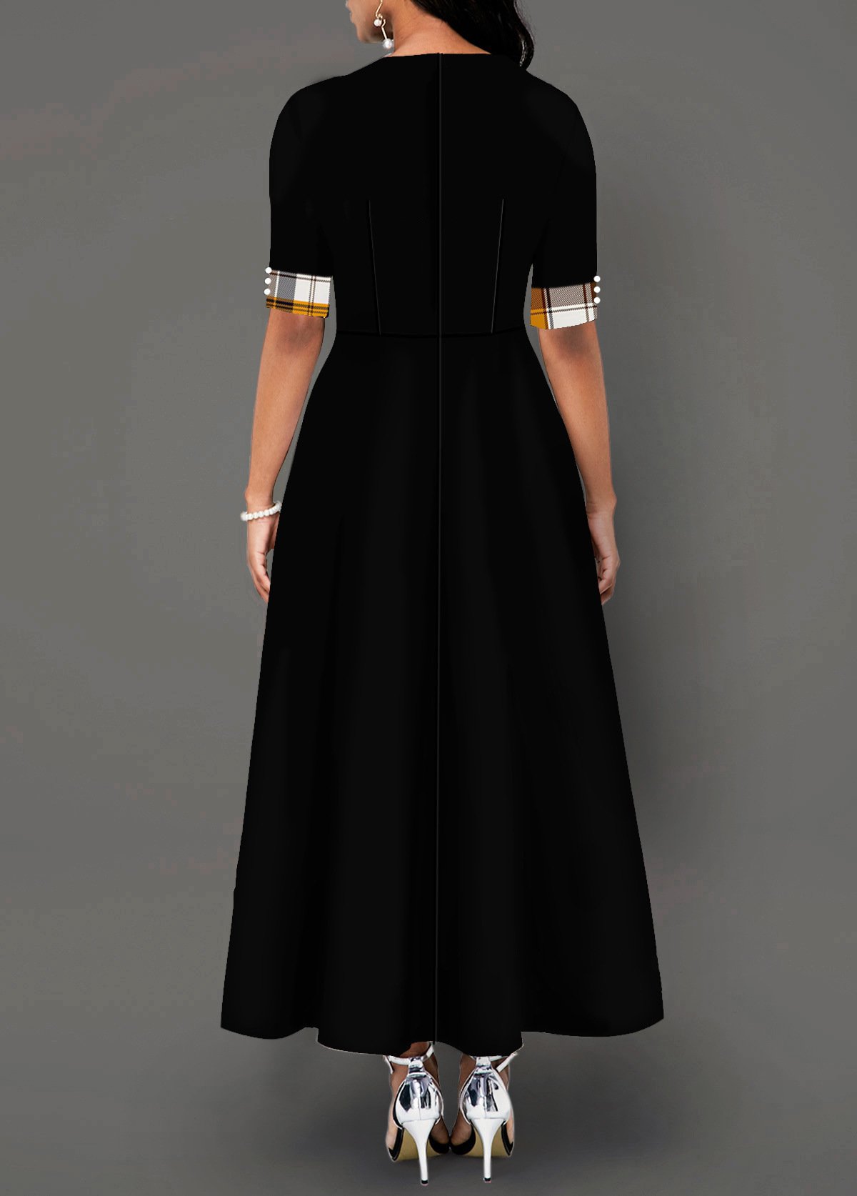 Women's Round Neck Contrast Mid Sleeve Irregular Long Dress - Image 3