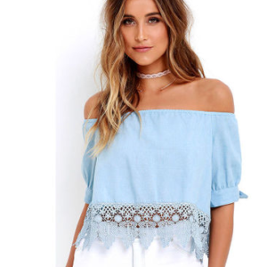 Europe and the United States burst short-sleeved shirt loose hem lace