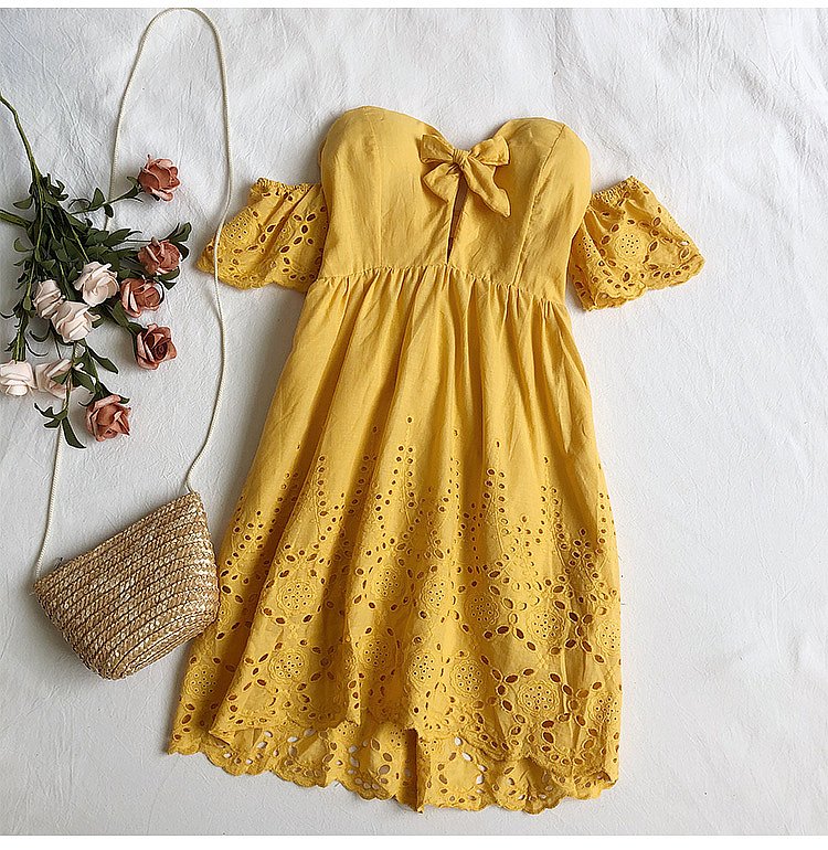 V-neck flared sleeve hollow lace dress - Image 4