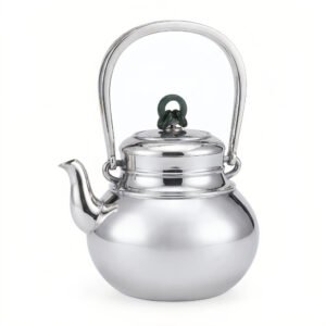 925 Sterling Silver Elegant Polished Silver Tea Kettle with Green Jade Knot Finial and Arch Handle - Handicraft