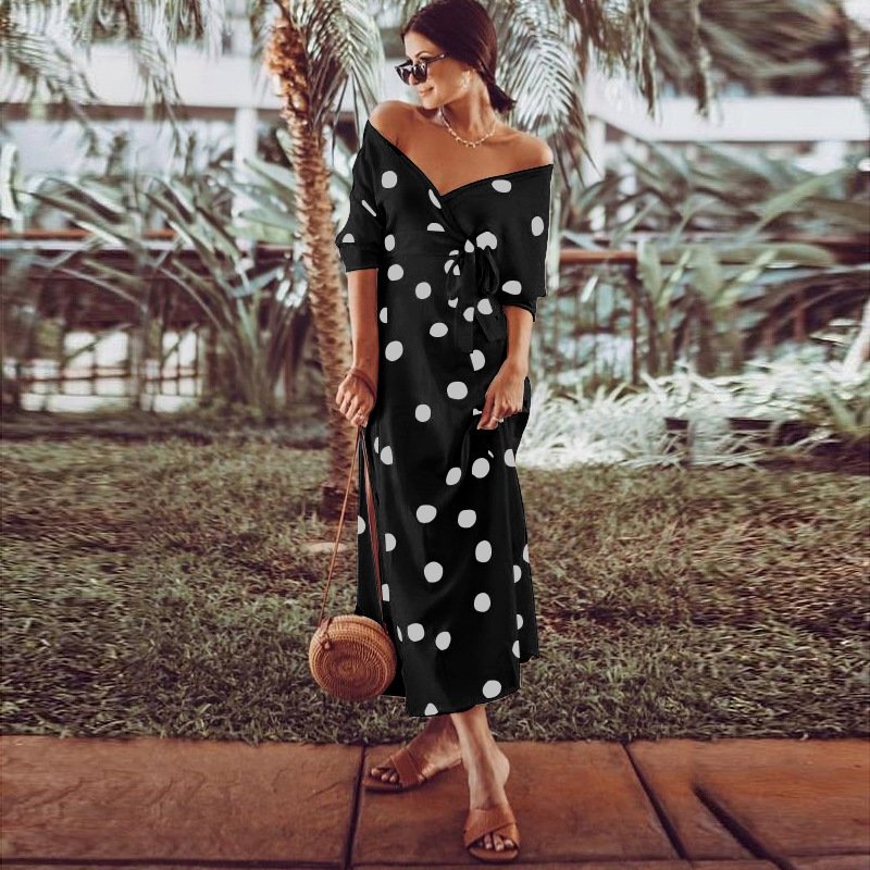 Polka Dot Print Long Sleeve V Neck Off Shoulder Dress - Image 13
