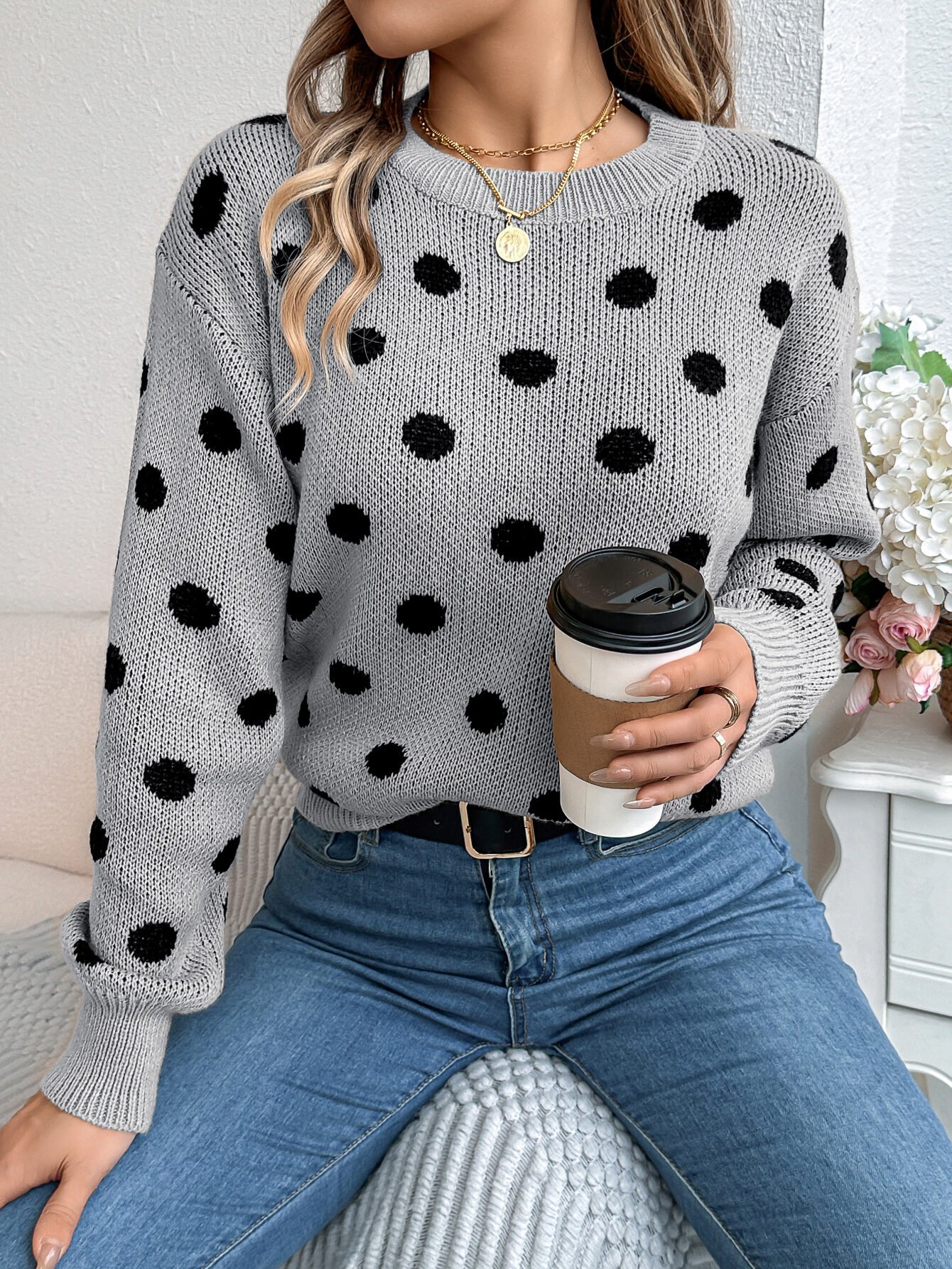 Casual Color Block Polka Dot Long Sleeve Pullover Sweater - Image 6