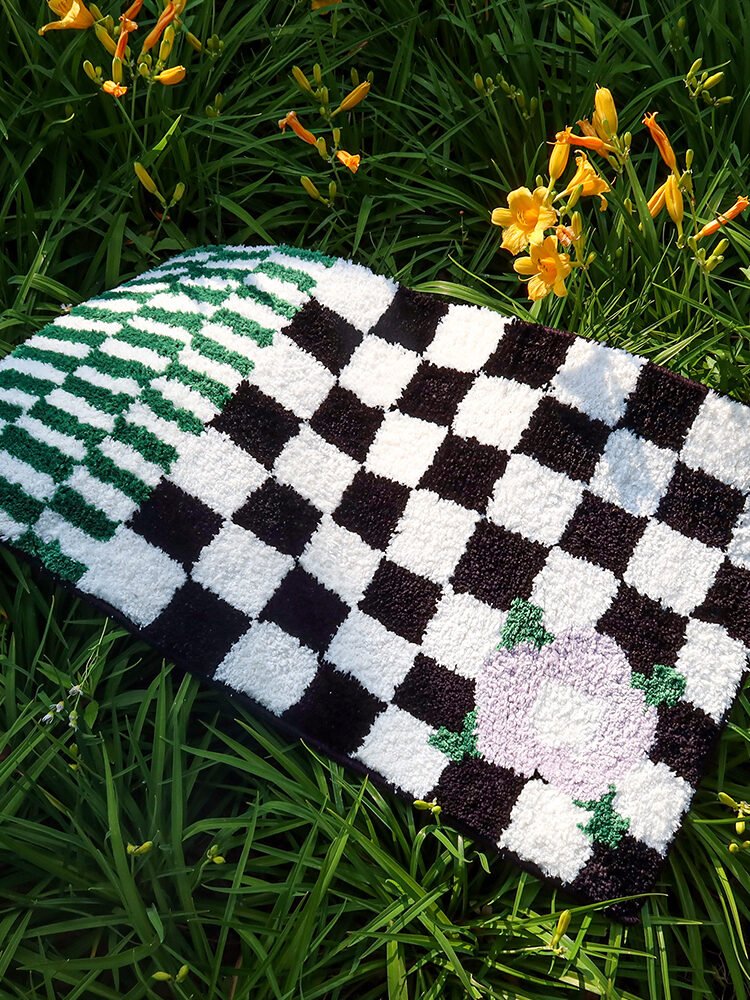 Checkerboard Flower Carpet Bathroom Door Absorbent Floor Mat - Image 4