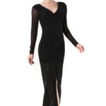 Long Sleeve Sexy Split Long Skirt Slim Mesh Dress