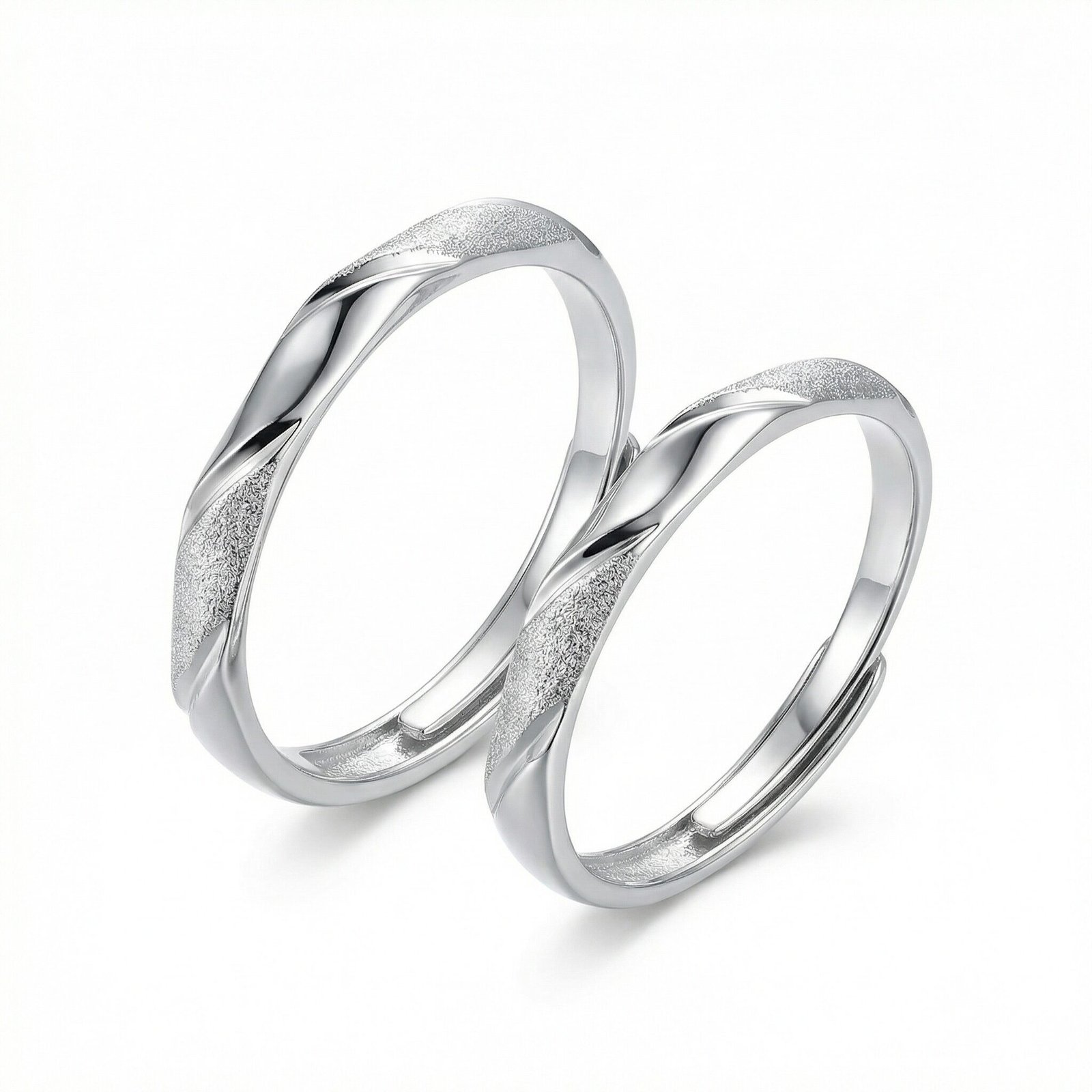 925 Sterling Silver Elegant Adjustable Silver Couple Rings with Twisted Matte and Polished Texture