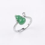 925 Sterling Silver Green Jadeite Hulu Gourd Ring with Sparkling Accents on Silver Band