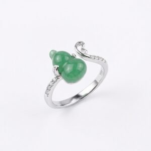 925 Sterling Silver Green Jadeite Hulu Gourd Ring with Sparkling Accents on Silver Band