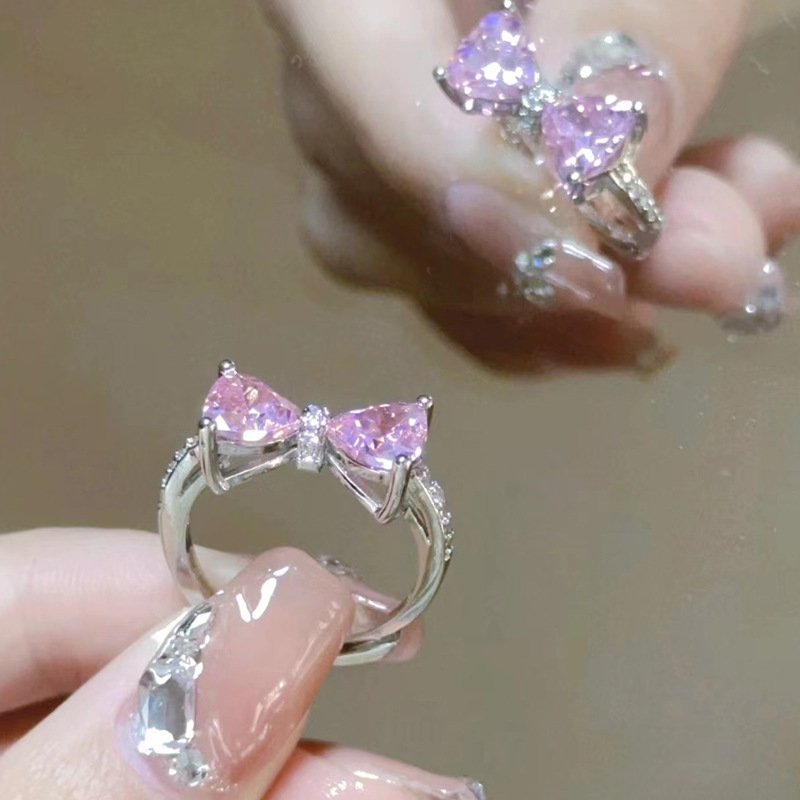 Princess's Castle Pink Bow Female Diamond Zircon French Girl Micro-inlaid Ring - Image 11