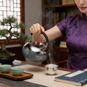 925 Sterling Silver Handcrafted Hammered  Teapot with Blue Cloud Motif-Fine large teapot - Handicraft